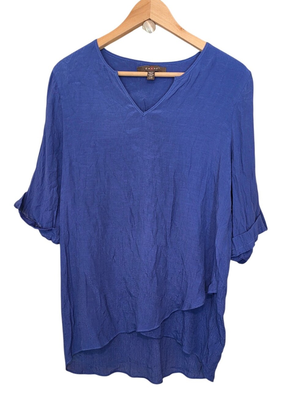 Fever Royal Blue 3/4 Button Sleeve Airy Tiered V-Neck Blouse EUC Sz L